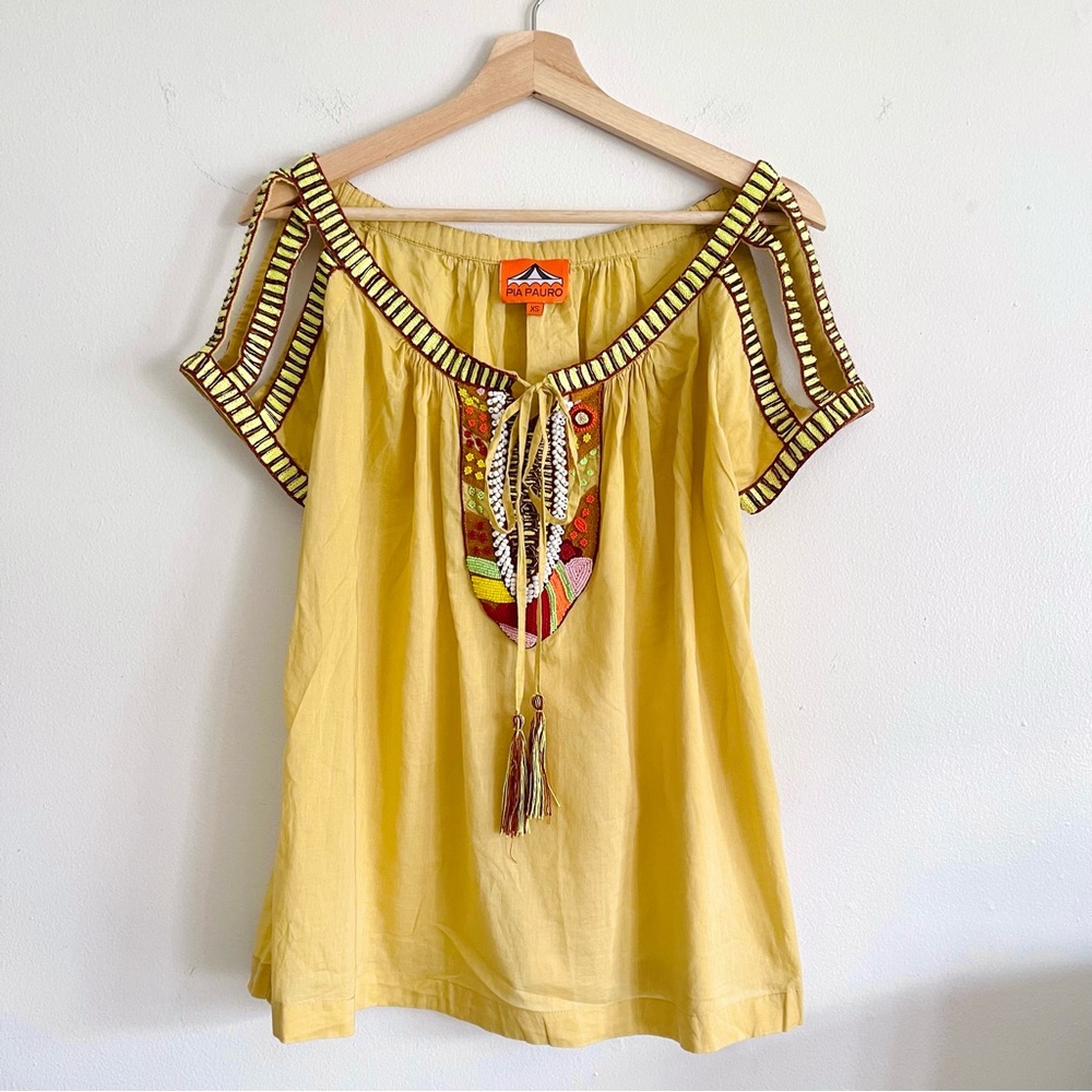 Pia Pauro Neon Beaded Embroidered Tunic Short Sleeve Top in Yellow Size Xs